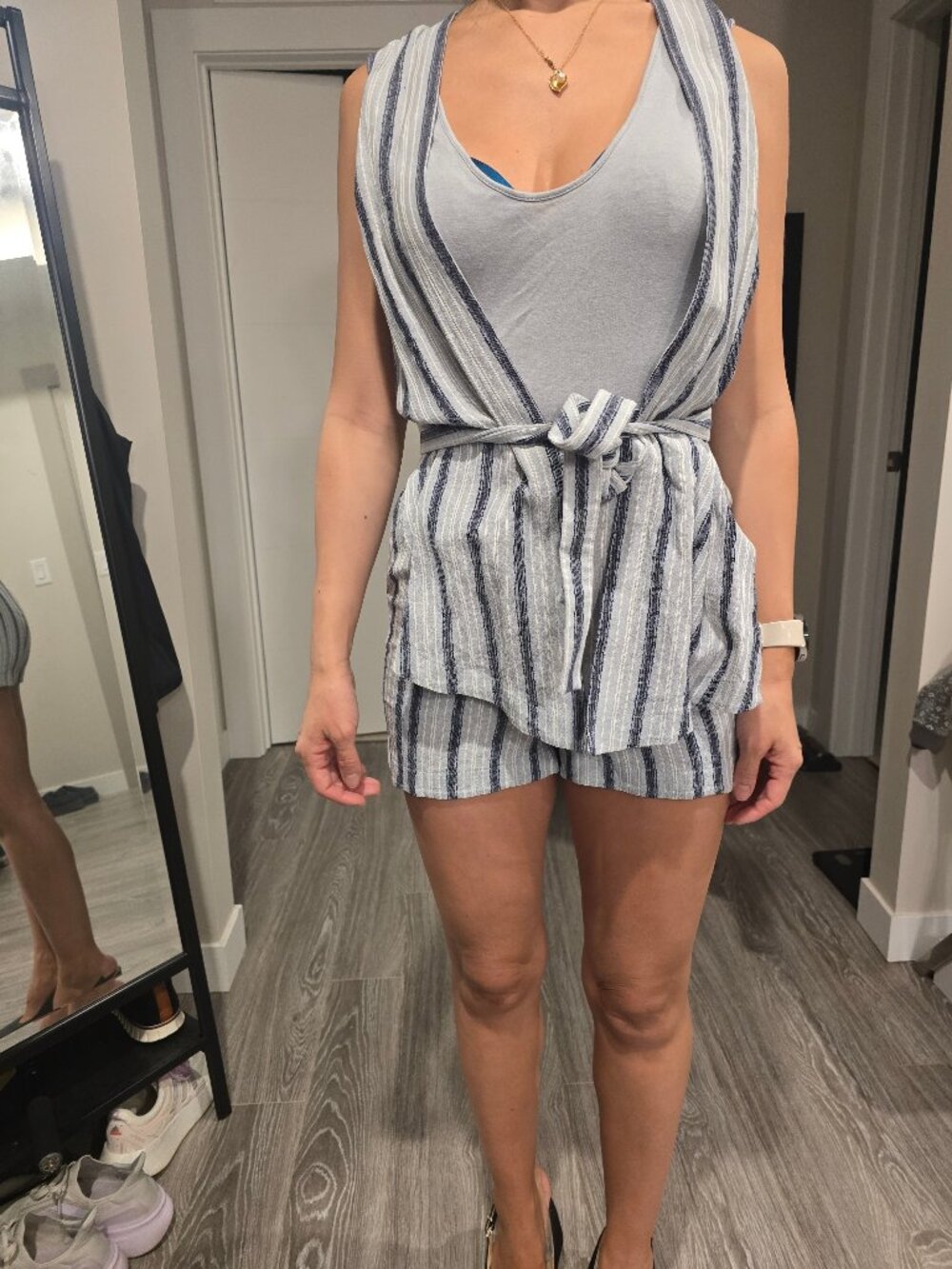 BCBG MAX AZRIA XXS Women's Jumpsuit Onsie Grey Blue Stripes BCBGMaxAzria
